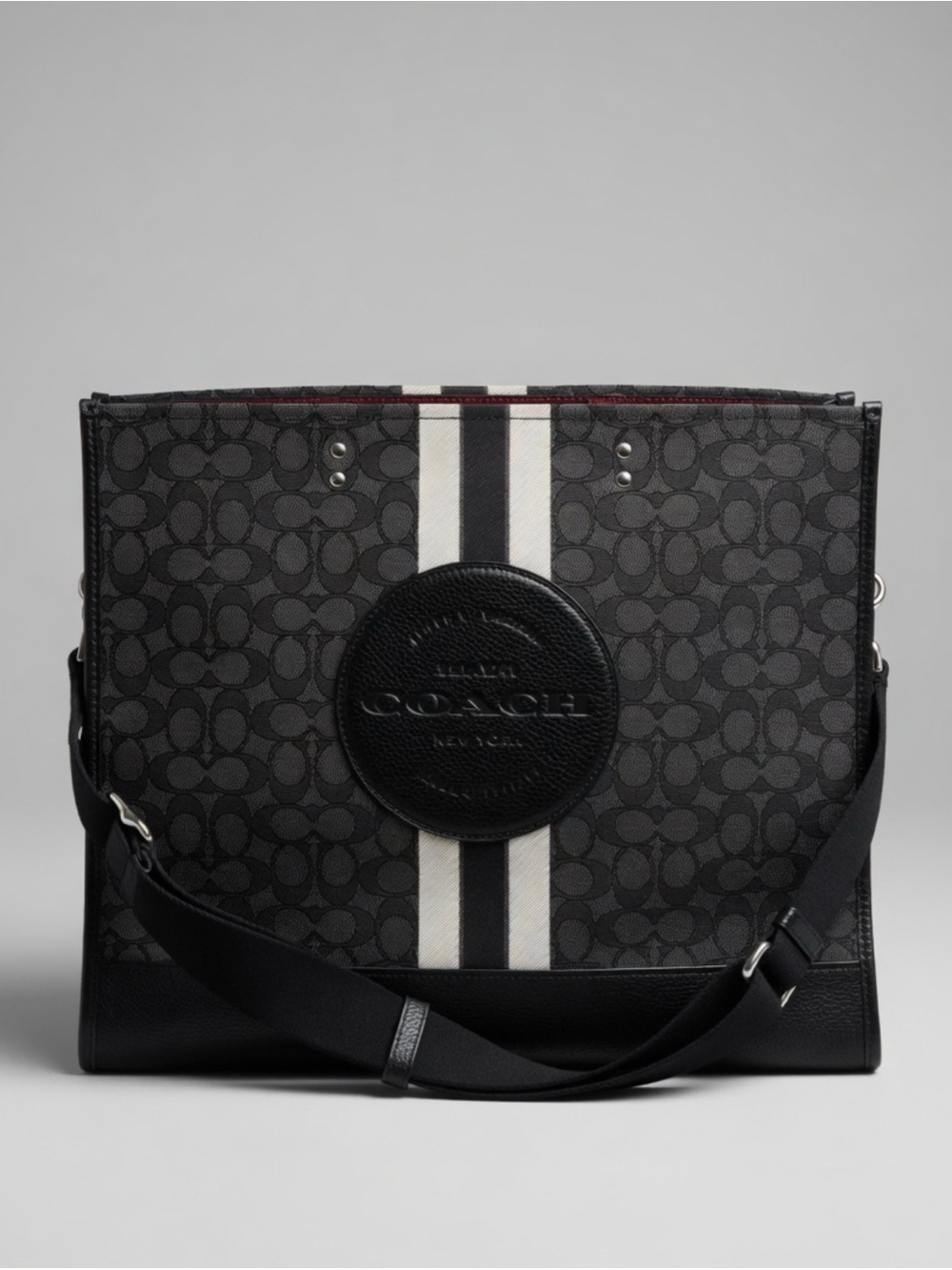 NWOT Coach Dempsey 40 Tote In Signature Jacquard And  Stripe Patch In Black/Gray